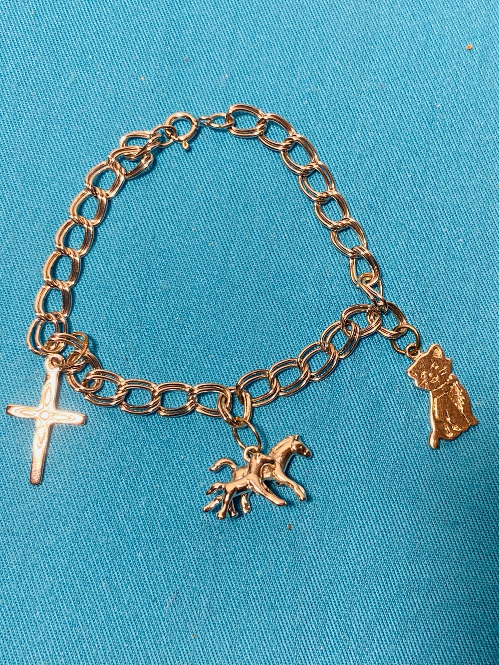 Sterling Silver Charm Bracelet with Cross, Horse and Cat Charms